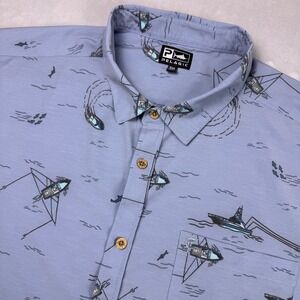 Pelagic Mens 3XL Blue‎ Fishing Boat Dolphin Print Short Sleeve Button Down Shirt